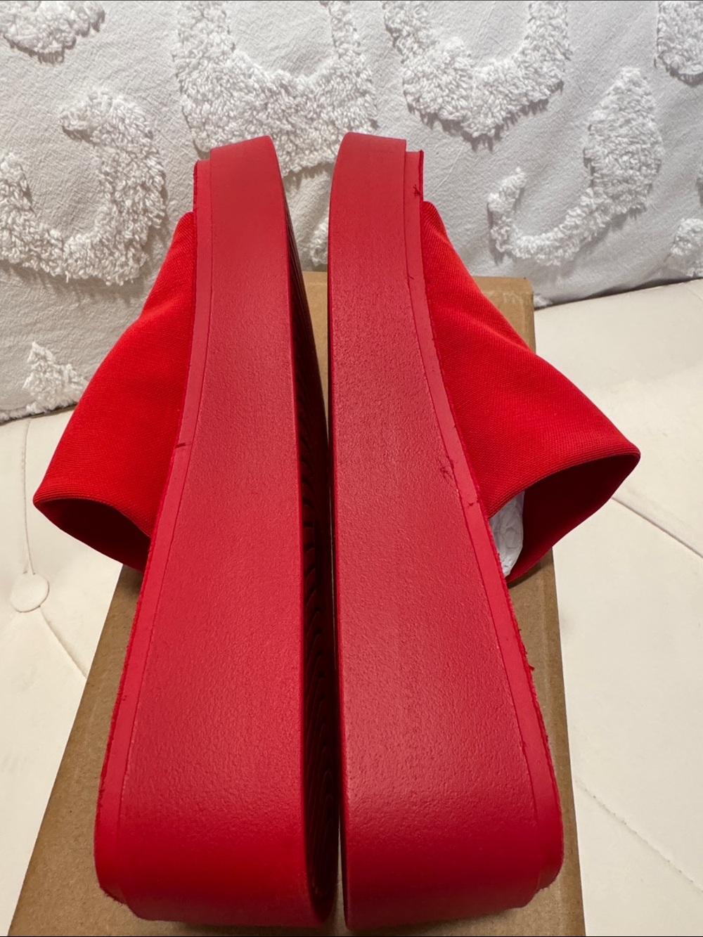Steve Madden Bright Red Platform Slip-On Stretchy Slides - Picture 6 of 8
